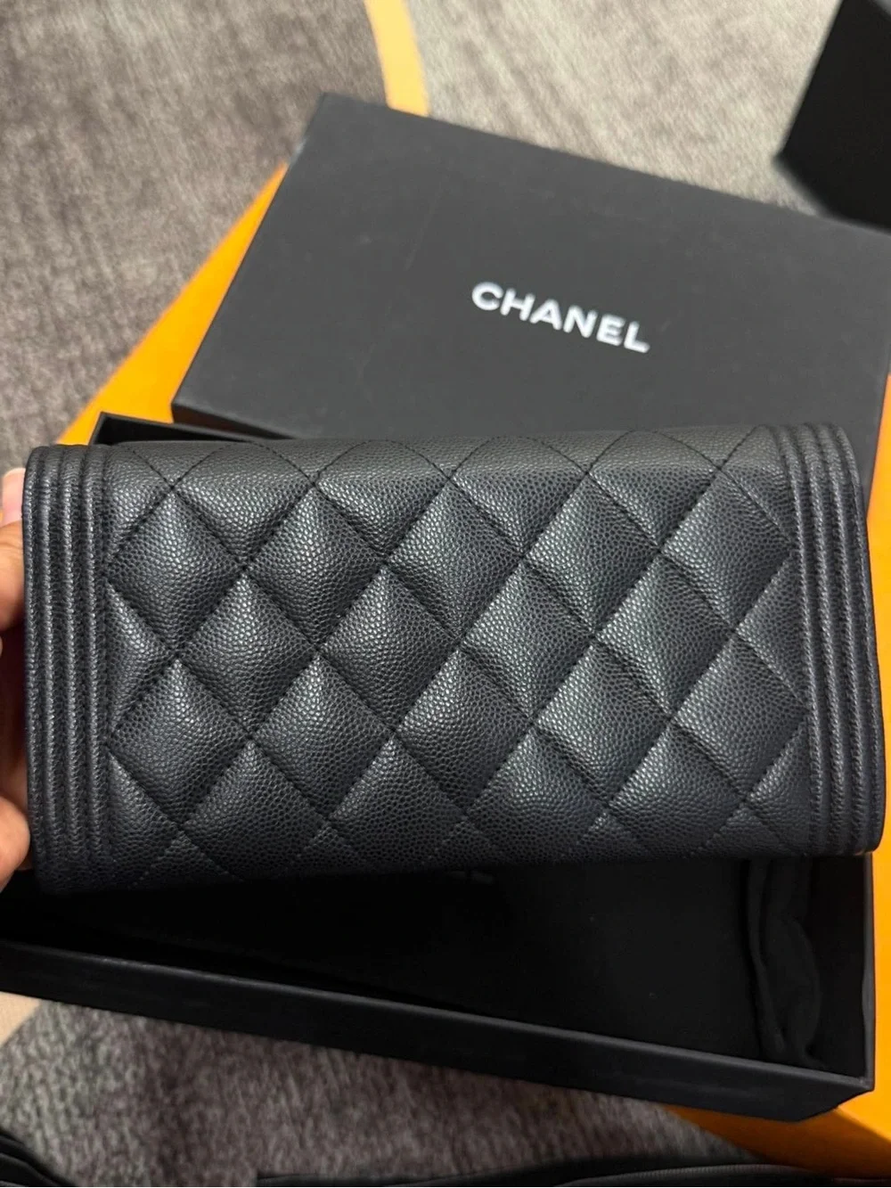 CHANEL Black Quilted Leather Long Wallet with Gold CC Hardware